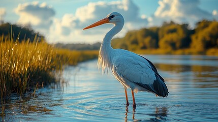Naklejka premium Elegant Stork Wading in a Marsh