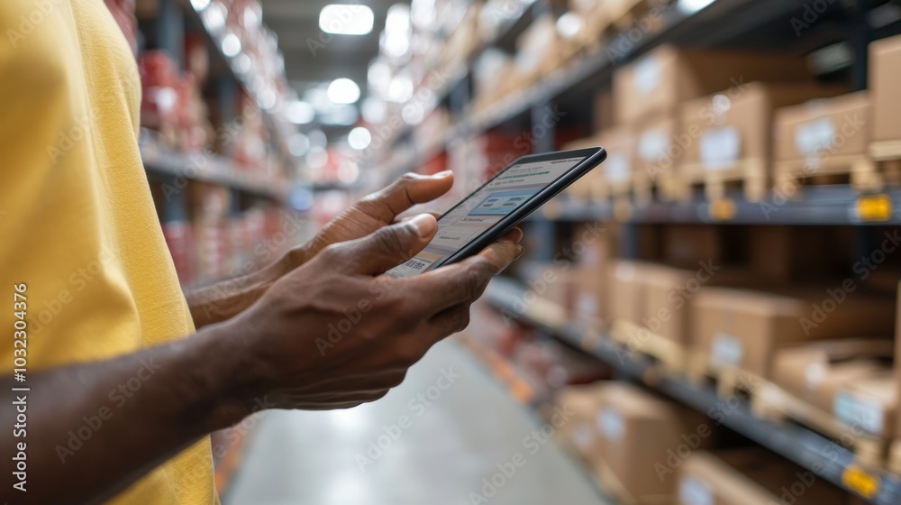 Poster Concept of smart warehouse with inventory management system. Manager using tablet to control warehouse software.