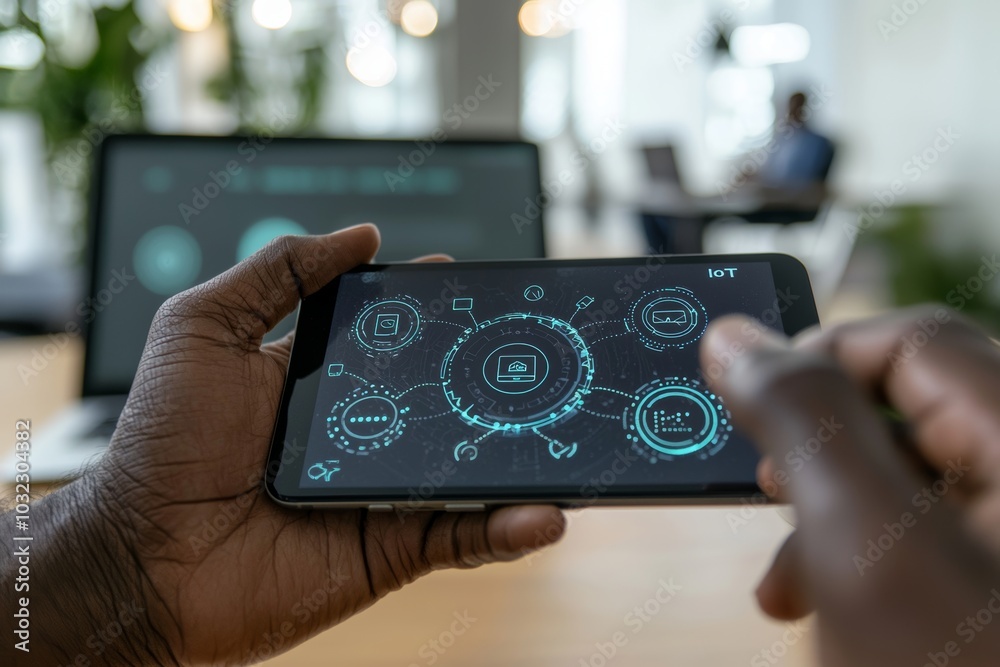 Poster smart business iot concept. businessman uses laptop with iot icon to access ai stock and business an
