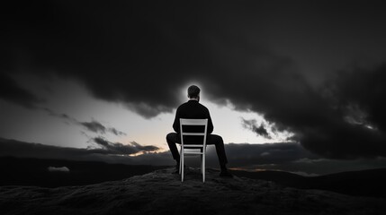 A person sits alone on a hilltop facing the horizon during twilight, surrounded by dramatic cloud formations and an impending storm