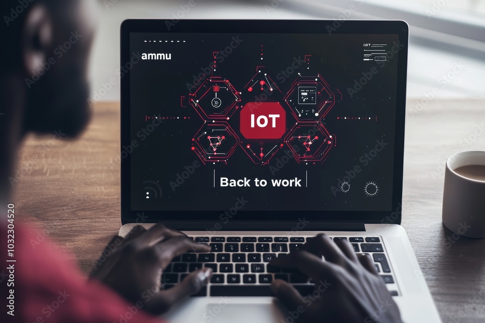 Poster the internet of things concept shows a businessman using the internet of things icon on a laptop to 