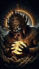 Fototapeta premium A powerful and fierce depiction of Rahu, the celestial deity, preparing to devour the full moon. Rahu’s face is adorned with intricate golden details and a towering crown, his expression menacing wit.