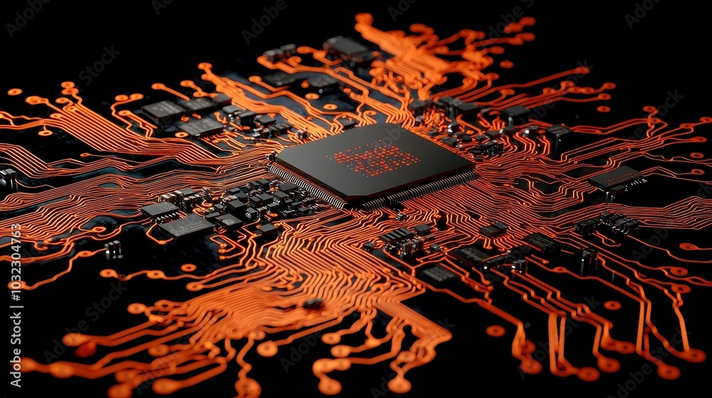Poster data science and ai concept design with computer circuitry and data , free space, realistic photogra