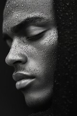 Buddha face close-up photo in black and white. Buddhist religion concept image