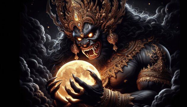 A powerful and fierce depiction of Rahu, the celestial deity, preparing to devour the full moon. Rahu&rsquo;s face is adorned with intricate golden details and a towering crown, his expression menacing wit.