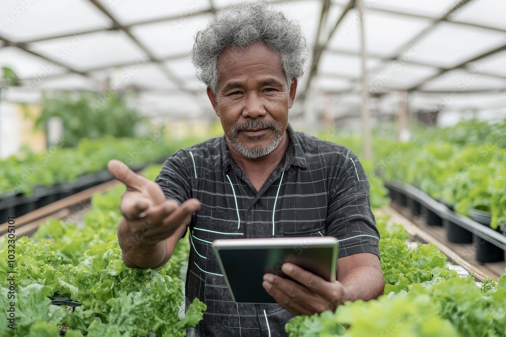 Poster technology concept for a smart farm system that uses innovative technology. a young man is working o