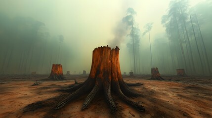 Decimated tropical forest landscape charred stumps and twisted barren tree trunks protruding from a scorched ashen ground with wispy wisps of smoke still curling upwards evoking a bleak
