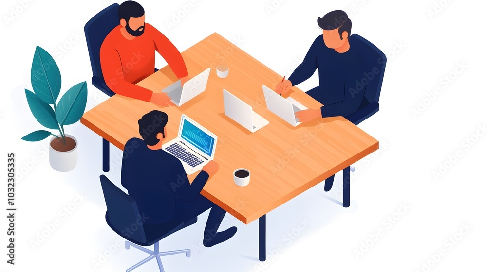 Aufkleber Isometric view of a dynamic digital marketing team collaborating and brainstorming innovative strategies in a contemporary open office workspace