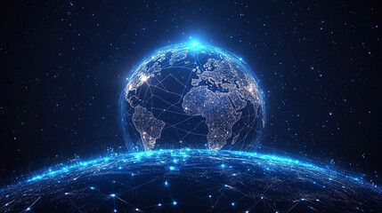 Obraz premium Night planet earth from space with light lines of communication and connection. Business and finance, concept. Global communications system and the World Wide Web. Technologies and communications.