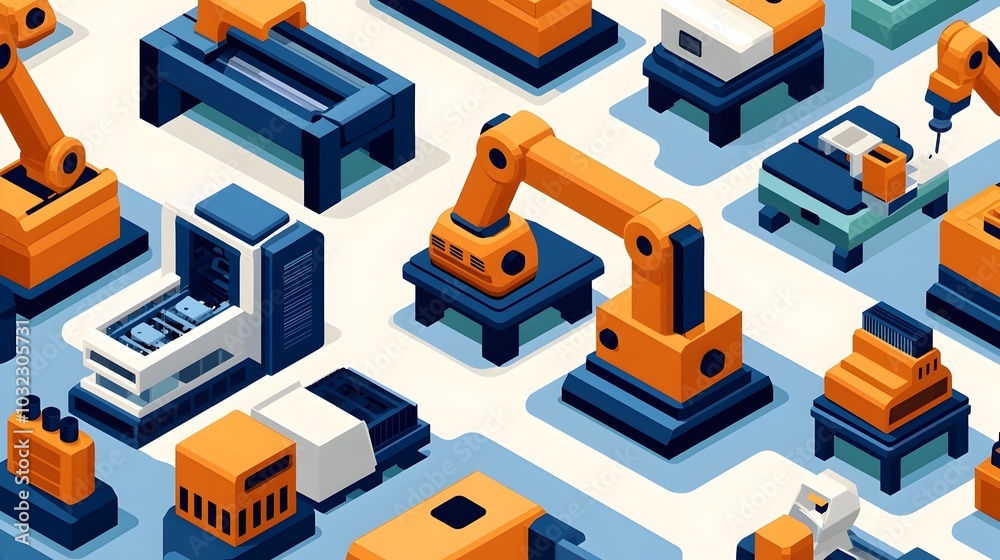 Aufkleber Cutting Edge Automated Manufacturing Facility with Robotic Machinery in Futuristic Isometric Rendering  High tech factory production line with advanced automation digital control panels