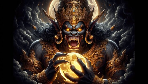 A powerful and fierce depiction of Rahu, the celestial deity, preparing to devour the full moon. Rahu&rsquo;s face is adorned with intricate golden details and a towering crown, his expression menacing wit.