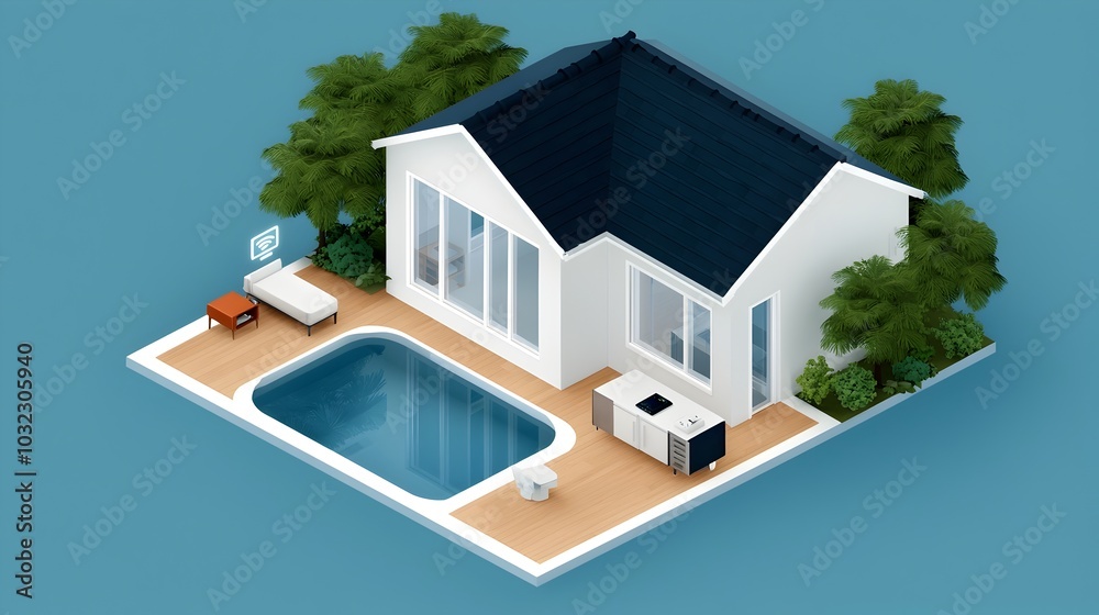 Poster isometric of a modern smart home interior showcasing the of various iot devices and automation syste