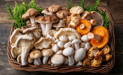 Fototapeta premium Colorful assortment of fresh mushrooms arranged beautifully in a woven basket outdoors