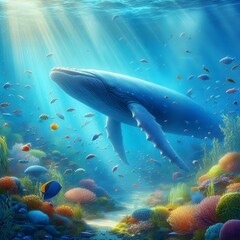 Fototapeta premium Blue whale under ocean blue water