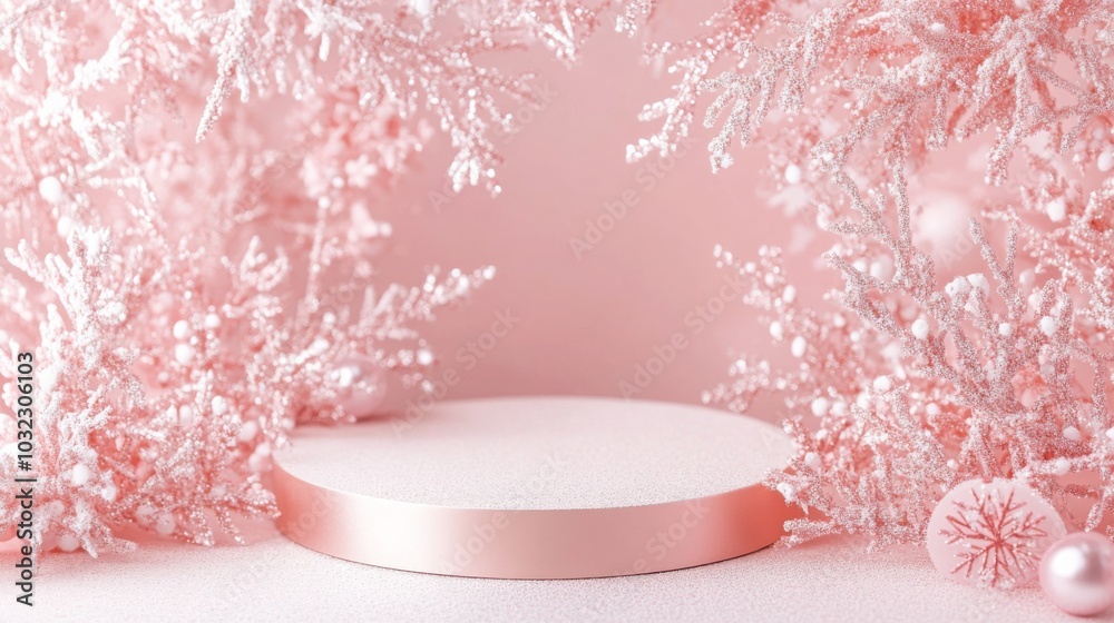 Aufkleber A pink and white display with a round, white platform is surrounded by delicate, light pink branches with white snowflake accents. There are a few white, sparkly ornaments in the background.