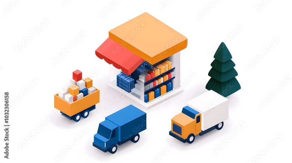 Poster detailed isometric graphic of an online ecommerce store platform featuring product displays shopping