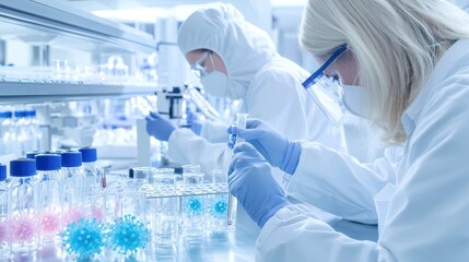 Fototapeta premium Life science researchers experimenting with a covid cure or bacteria and infectious cells. Protected scientists or doctors working in a lab analyzing medical exam results for a clinical trial