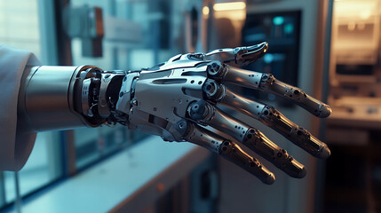 A detailed view of prosthetic arm in action, designed for full mobility