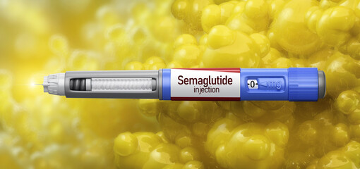Medical semaglutide ozempic injection for weight loss. Obesity treatment, fat loss, body transformation. Nutrition, diet, calorie burning. Insulin injection pen.Healthy lifestyle, weight management 3D