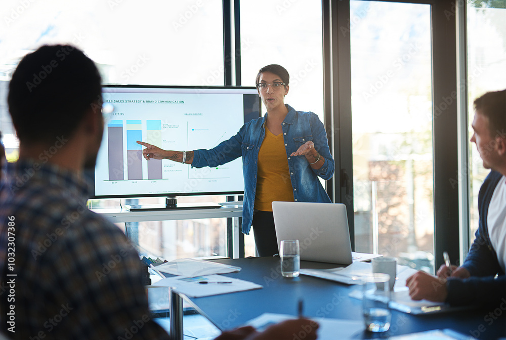 Aufkleber business woman, presentation and screen in office with group for b2b strategy, speech and graphs. pe