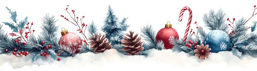 Art illustration of a Christmas wreath painted with watercolors on a white background.