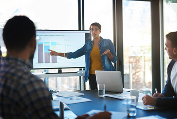 Business woman, presentation and screen in office with group for b2b strategy, speech and graphs....