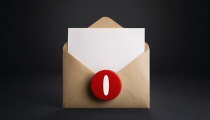 No messages or notification concept with front view on beige email paper envelope with white zero in red circle on the corner on dark background. 3D rendering