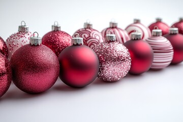 Composition of red decorations on white background. Christmas, winter, new year concept. Flat lay, top view, copy area.