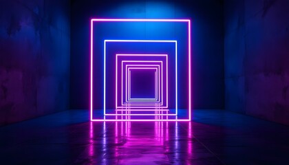 3d render, glowing lines, tunnel, neon lights, virtual reality, abstract background, square portal, arch, pink blue spectrum vibrant colors, laser show. 3D render abstract background, Neon LED lights