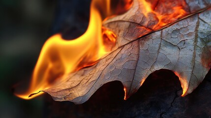Flames consuming a dry leaf, showing every crackle and curl of the burning edges.
