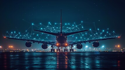 A night scene of an airplane on the runway, accentuated by a blue digital network overlay, creating a sense of futuristic design and technological advancement.