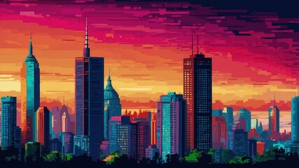 Wallpaper, pixel art, city panorama at sunset
