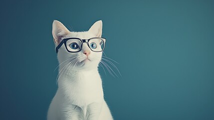 Obraz premium A white cat with blue eyes wearing black rimmed glasses looking to the side.