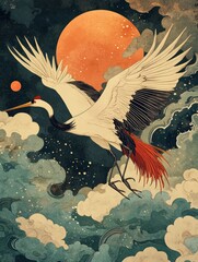 Majestic crane soaring through stylized clouds and sunset © pasiporn
