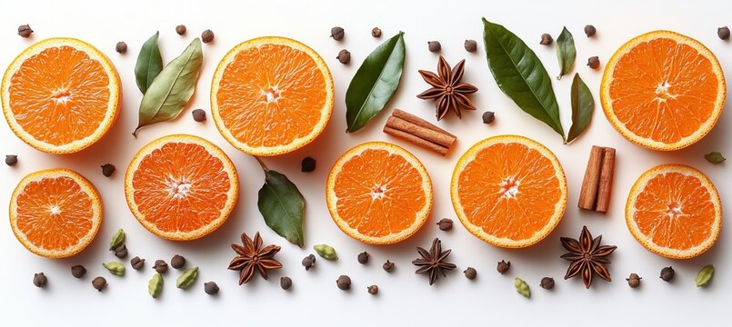 An aromatic spice collection is shown on a white background. The ingredients for mulled wine are isolated by a thin white line