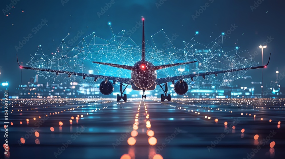 Canvas Prints a futuristic vision shows an airplane against a backdrop of a glowing digital matrix, capturing the 