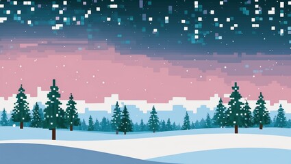 Trees in winter and falling pixel snow, wallpaper