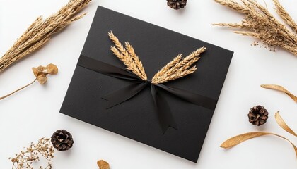 Elegant black gift box adorned with dried grasses, surrounded by decorative elements on a white background.