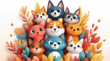 Naklejka premium Cute and Colorful Cartoon Cats Surrounded by Leaves