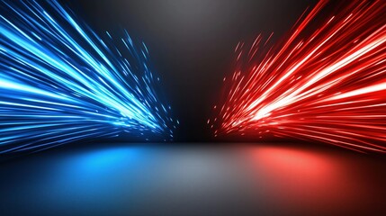 Blue and red light show with a black background. The blue and red lights are shooting out from the center of the image