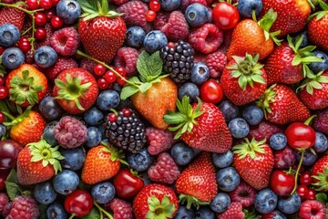 Fototapeta premium Berries overhead closeup colorful large assorted mix of strawbwerry, blueberry, raspberry, blackberry background