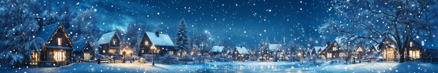 Christmas silent night with a snowy village landscape and warm glowing lights