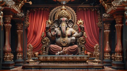 Fototapeta premium A large, ornate statue of Ganesha, the Hindu god of wisdom and good fortune, sits in a grand, gilded temple setting.