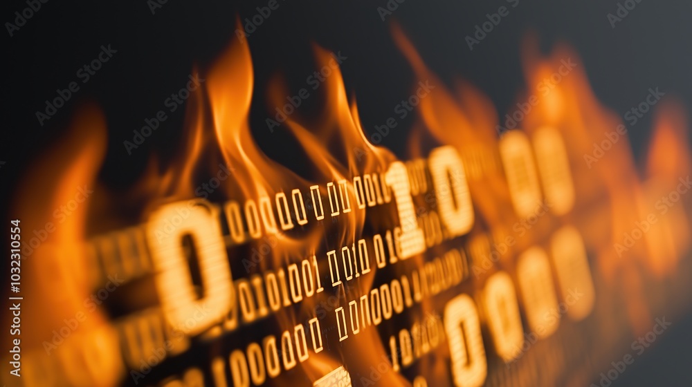 Aufkleber Computer code is shown in the form of a fire. The fire is made up of a series of numbers, with each number representing a digit in the code. Concept of urgency and importance