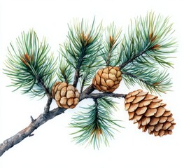 Fototapeta premium Illustration for all prints of a spruce branch with cone in watercolor isolated on white background.