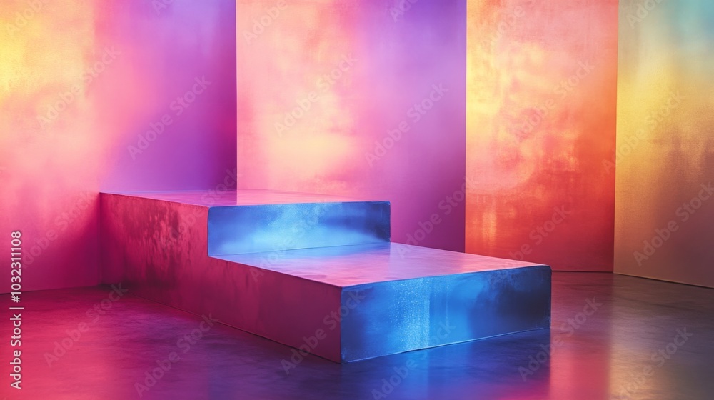 Poster a striking art installation features large surfaces adorned with vibrant gradients of purple, pink, 