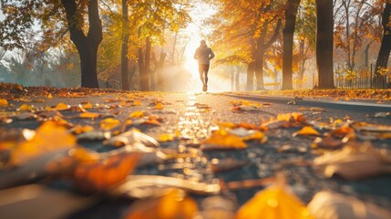 Person jogging on a sunlit path surrounded by autumn trees and fallen leaves, warm morning light creating a peaceful and motivational atmosphere. defocus