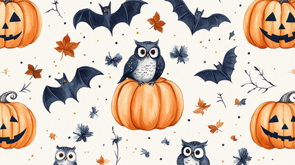 Spooky cute seamless Halloween seamless pattern with Jack-O-Lantern pumpkins, bats, and owls in cheerful watercolor style vector illustration.