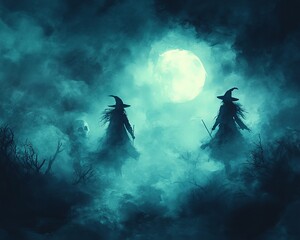 Two witches stand in a misty landscape under a full moon, creating a mystical atmosphere.