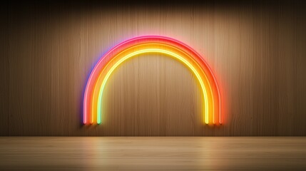 Neon rainbow is lit up on a wooden wall. The rainbow is curved and spans the entire length of the wall. The colors of the rainbow are bright and vibrant, creating a cheerful and uplifting atmosphere